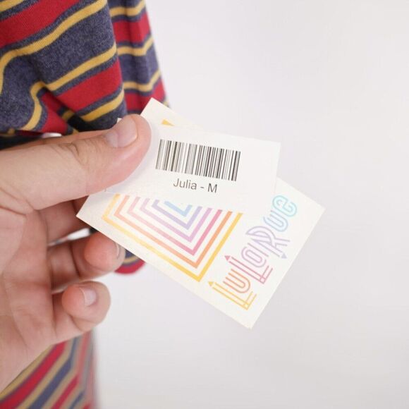 NEW LuLaRoe Julia Gray Red Striped Bodycon Dress Medium Short Sleeve Scoop Neck - Picture 3 of 9